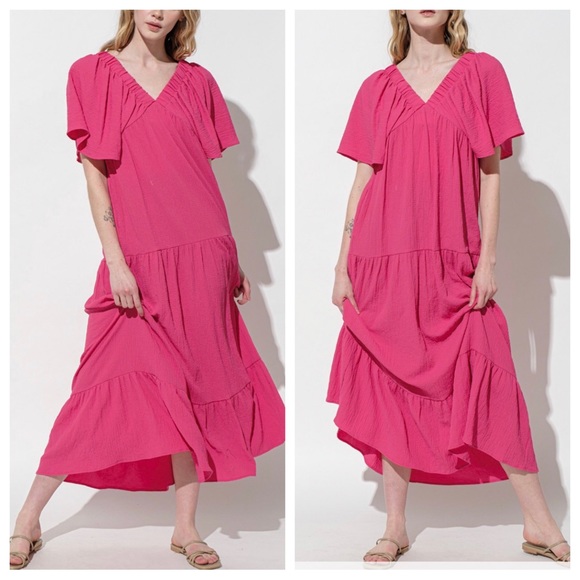 06 Boho V-Neck Flared Sleeve Tiered Maxi Dress - Picture 3 of 3